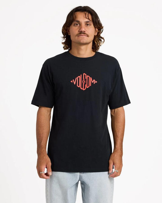 Image of a model wearing Tops. Productname: volcom Mens Diamond T-Shirt Black - in Black colour by brand - Volcom