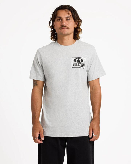 Image of a model wearing Tops. Productname: volcom Mens Box O T-Shirt Heather Grey - in Heather Grey colour by brand - Volcom