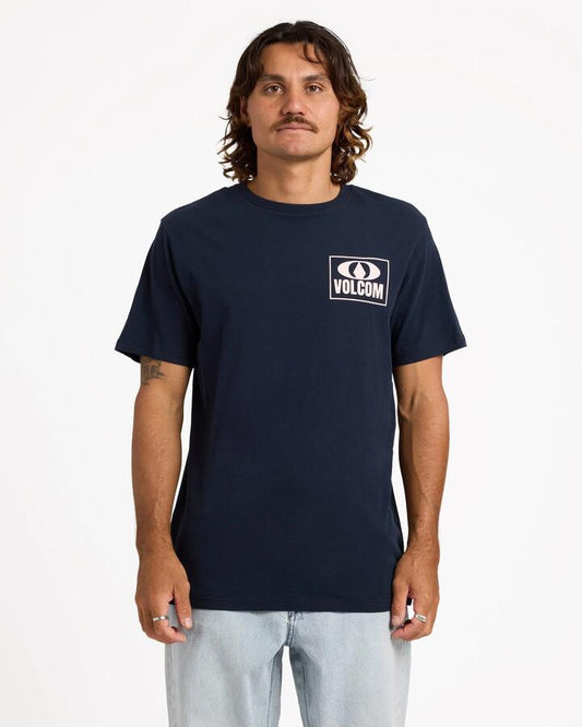 Image of a model wearing Tops. Productname: volcom Mens Box O T-Shirt Navy - in Navy colour by brand - Volcom