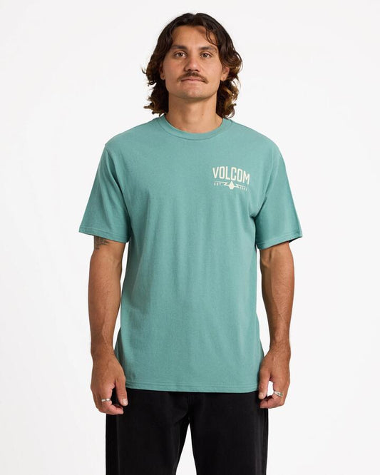 Image of a model wearing Tops. Productname: volcom Mens Carbidge T-Shirt Agave - in Agave colour by brand - Volcom