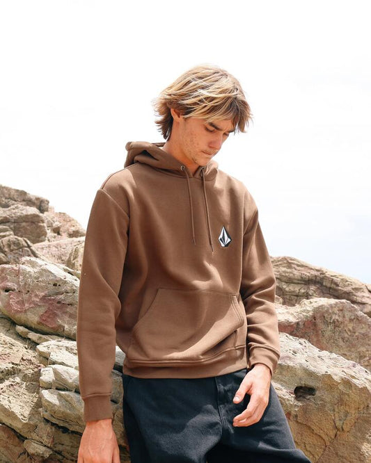 Image of a model wearing Outerwear. Productname: volcom Mens Vologo Pullover Hoodie Dark Earth - in Dark Earth colour by brand - Volcom