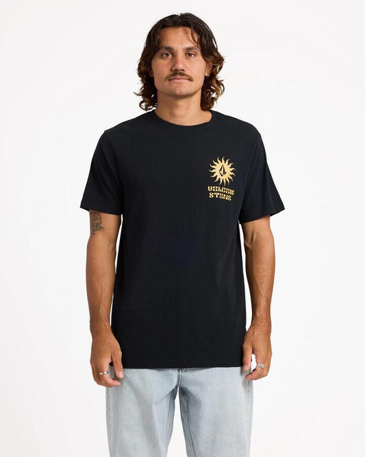 Image of a model wearing Tops. Productname: volcom Mens Rayz T-Shirt Black - in Black colour by brand - Volcom