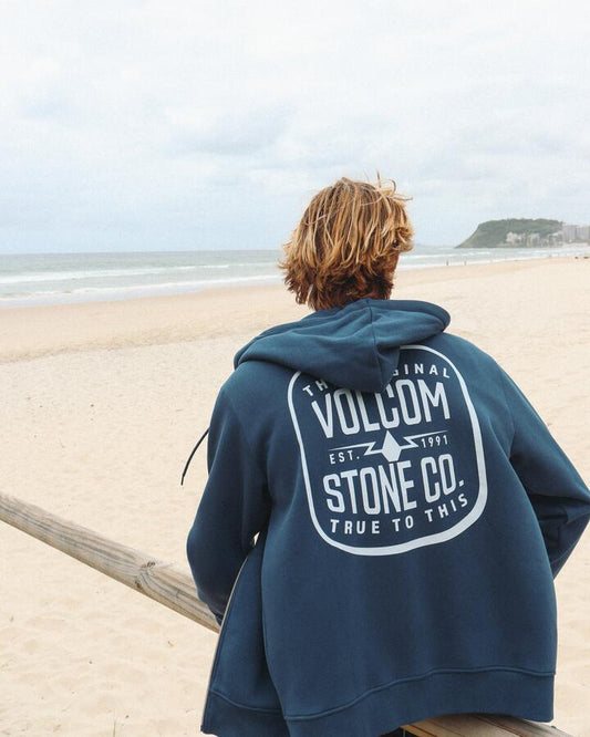 Image of a model wearing Outerwear. Productname: volcom Mens Roundabout Zip Up Hoodie Baja Indigo - in Baja Indigo colour by brand - Volcom