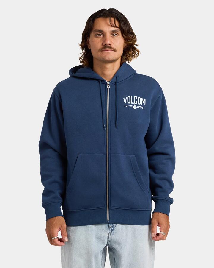 Image of a model wearing Outerwear. Product name - Volcom Mens Roundabout Zip Up Hoodie Baja Indigo in Baja Indigo colour by brand - Volcom