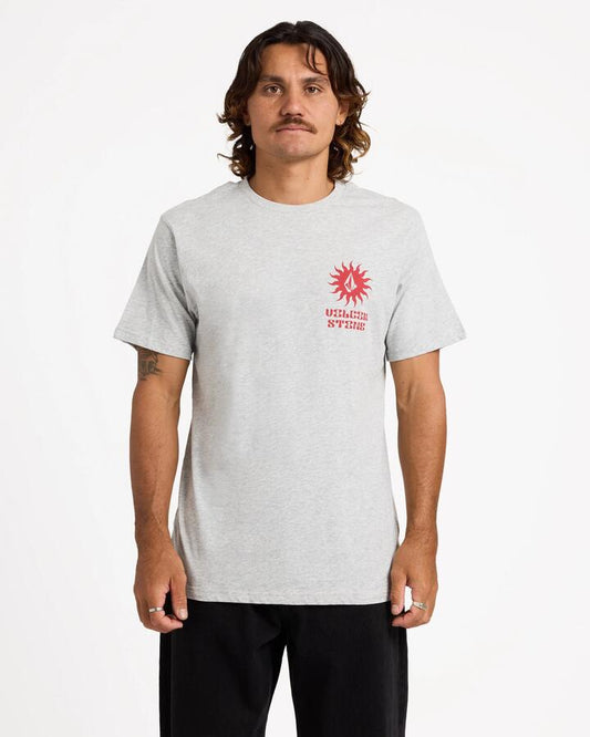 Image of a model wearing Tops. Productname: volcom Mens Rayz T-Shirt Heather Grey - in Heather Grey colour by brand - Volcom