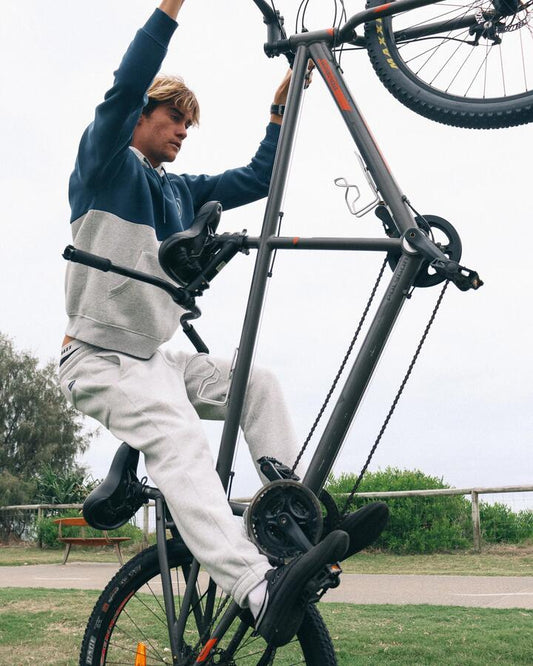 Image of a model wearing Outerwear. Product name - Volcom Mens Stone Cb Pullover Hoodie Baja Indigo in Baja Indigo colour by brand - Volcom