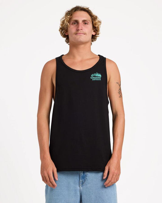 Image of a model wearing Tops. Productname: Volcom Mens Volozarama Tank Black - in Black colour by brand - Volcom