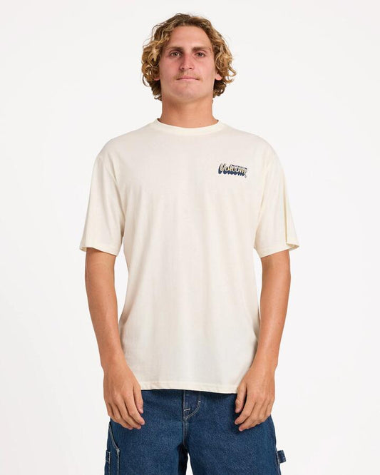 Image of a model wearing Tops. Productname: Volcom Mens Wowza T-Shirt Off White - in Off White colour by brand - Volcom