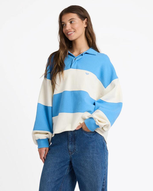 Image of a model wearing Outerwear. Product name - Roxy Womens Cross Over Fleece Jumper Bone in Bone colour by brand - Roxy