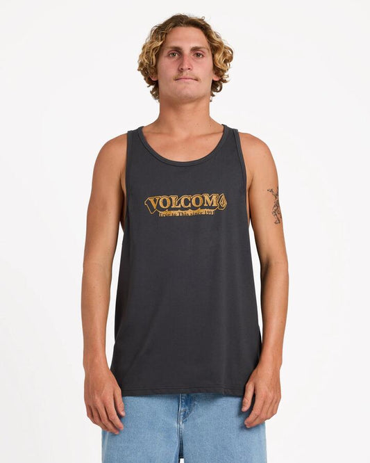 Image of a model wearing Tops. Productname: Volcom Mens Leveler Tank Asphalt Black - in Asphalt Black colour by brand - Volcom