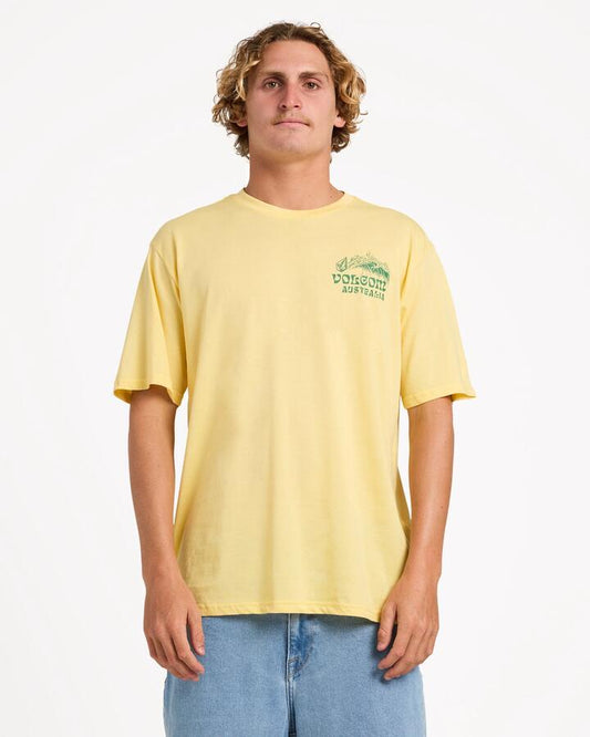 Image of a model wearing Tops. Productname: Volcom Mens Volozarama Short Sleeve Shirt Dawn Yellow - in Dawn Yellow colour by brand - Volcom