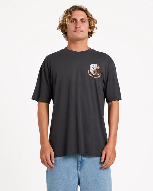 Image of a model wearing Tops. Productname: Volcom Mens Stoney Snags T-Shirt Asphalt Black - in Asphalt Black colour by brand - Volcom