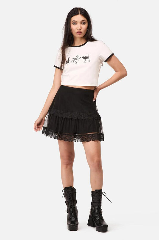 Image of a model wearing Skirts. Productname: Spiral Lace Goth Mini Skirt in Black colour by brand - Dangerfield