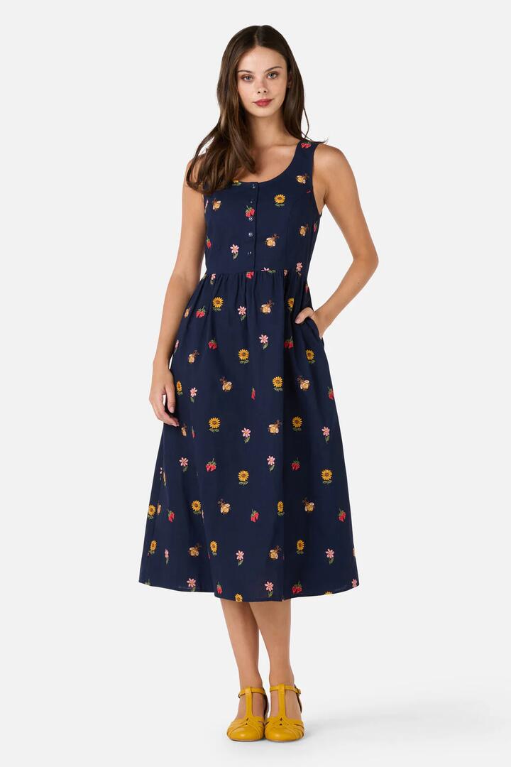 Image of Dresses. Productname: Honey Embroidered Midi Dress in Navy colour by brand - Princess Highway