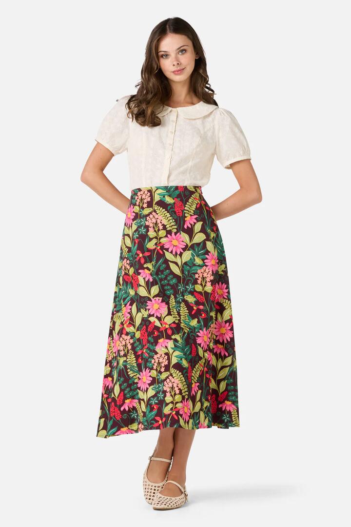 Image of a model wearing Skirts. Productname: Tiana Tree Frog Midi Skirt in Burgundy colour by brand - Princess Highway