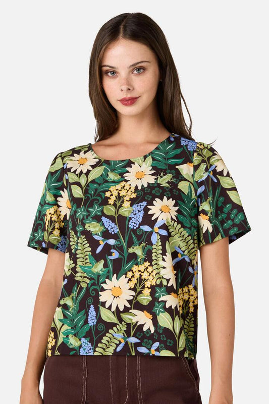 Image of a model wearing Tops. Productname: Tiana Tree Frog Short Sleeve Top in Brown colour by brand - Princess Highway