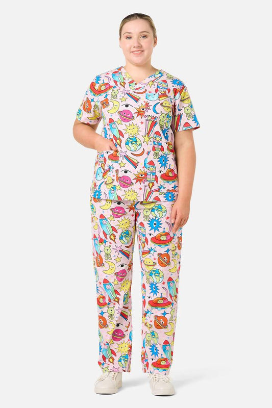 Image of a model wearing Uniforms & Workwear. Productname: Space Scrub Set in Pink colour by brand - Scrubs With Love