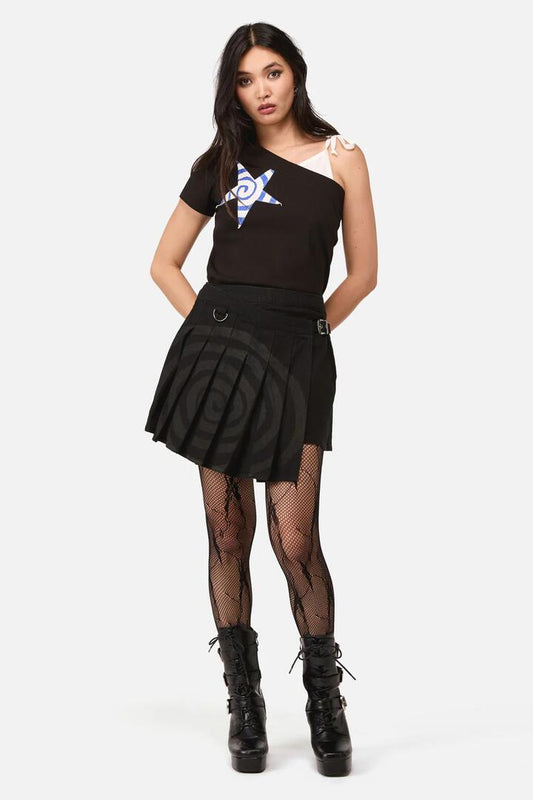 Image of a model wearing Skirts. Productname: Spiralling Goth Mini Skirt in Black colour by brand - Dangerfield