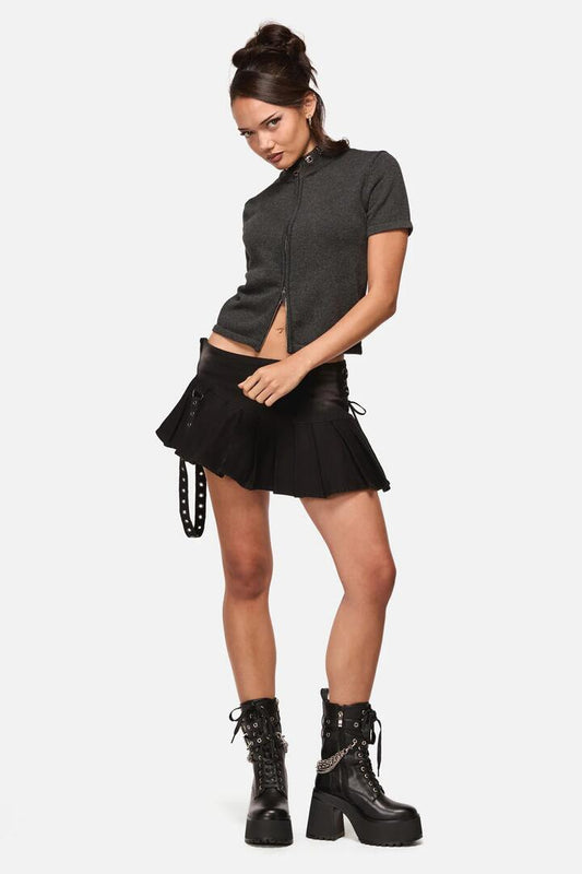 Image of a model wearing Skirts. Productname: Afterlife Goth Mini Skort in Black colour by brand - Black Friday