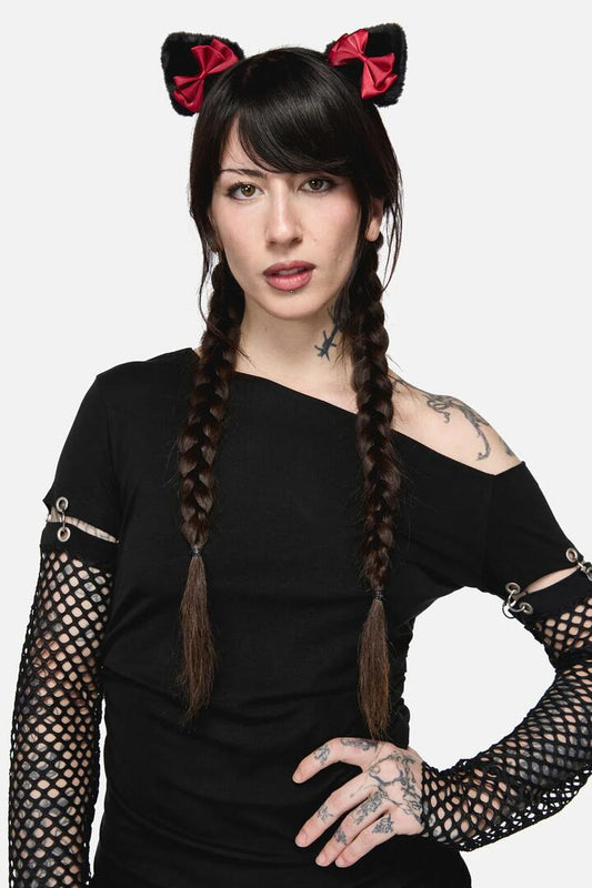 Image of Hair Accessories. Productname: Faux Fur Ears Hair Clips in Black Red colour by brand - Dangerfield