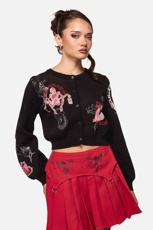 Image of a model wearing Outerwear. Productname: Angelic Goth Cardigan in Black colour by brand - Black Friday