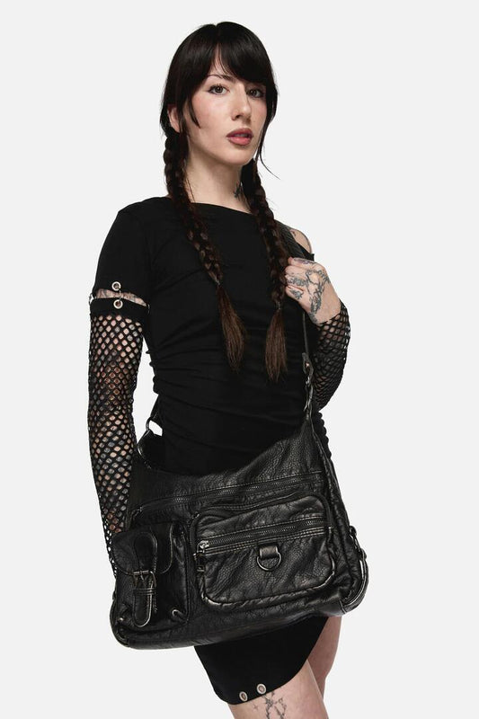 Image of Bags. Productname: Distressed Black Zip Bag in Black colour by brand - Dangerfield