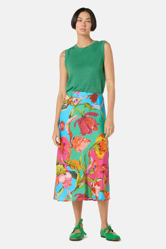 Image of a model wearing Skirts. Productname: Elara Print Linen Midi Skirt in Print colour by brand - Gorman
