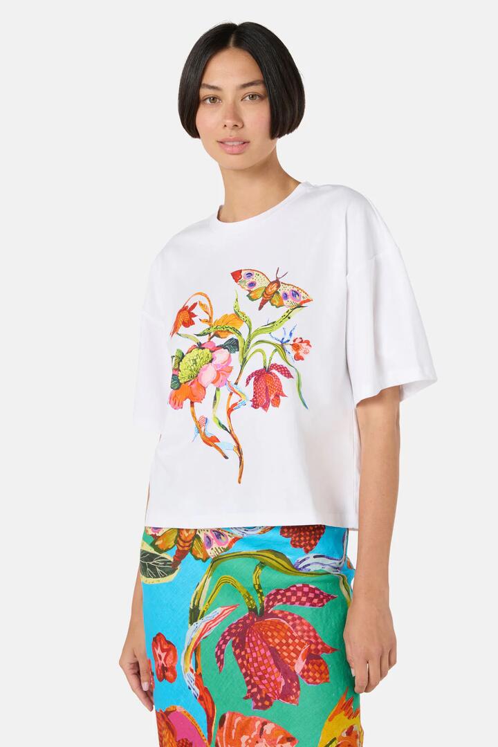 Image of T-Shirts. Product name - Elara Placement Relaxed Tee in White colour by brand - Gorman