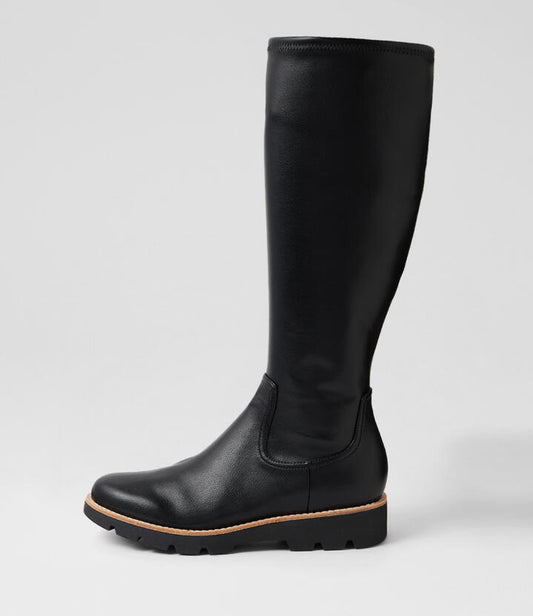 Image of Boots. Productname: Disk Black Stretch Knee High Boots in Black-Black Sole colour by brand - MIDAS