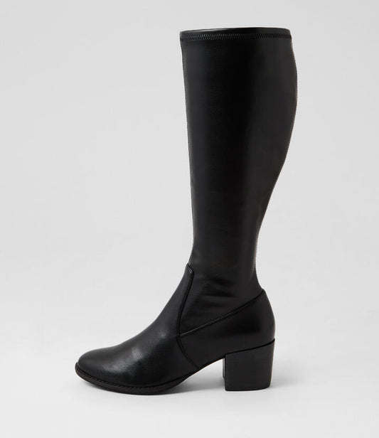 Image of Boots. Productname: Meadow Black Stretch Microsuede Knee High Boots in Black-Black Heel colour by brand - MIDAS