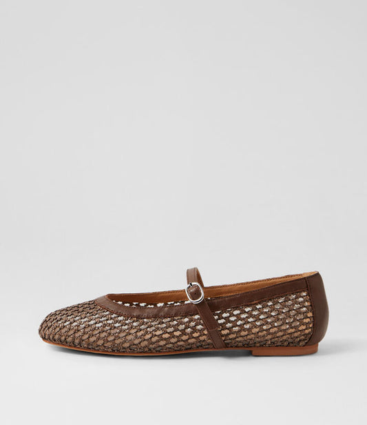 Image of Shoes. Productname: Murph Choc Woven Leather Ballet Flats in Choc colour by brand - MIDAS