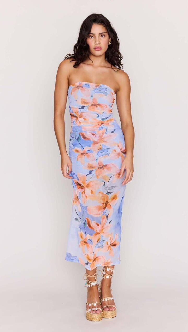 Image of Dresses. Product name - Blue Floral Strapless Mesh Midi Dress in Watercolour Floral colour by brand - MINKPINK