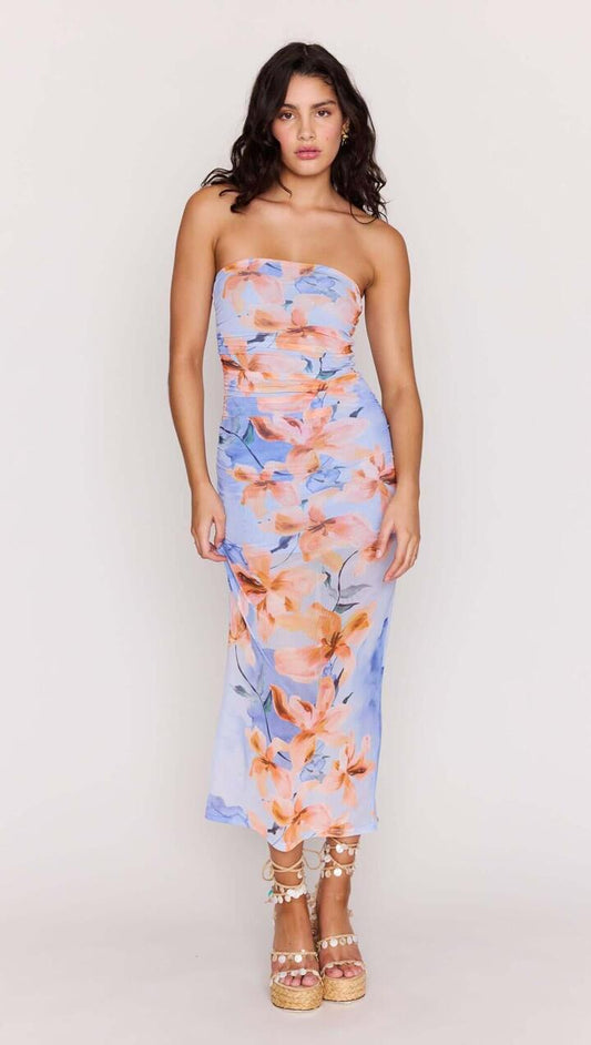 Image of Dresses. Product name - Blue Floral Strapless Mesh Midi Dress in Watercolour Floral colour by brand - MINKPINK