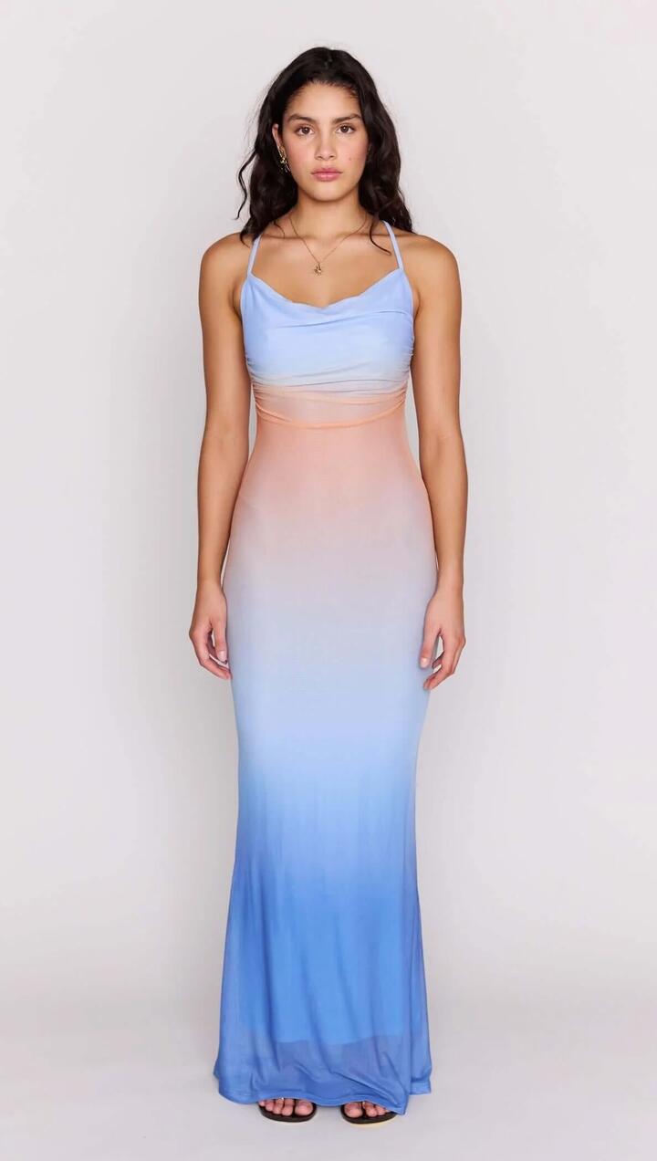 Image of Dresses. Product name - Ombre Cowl Neck Mesh Maxi Dress in Multi Ombre colour by brand - MINKPINK