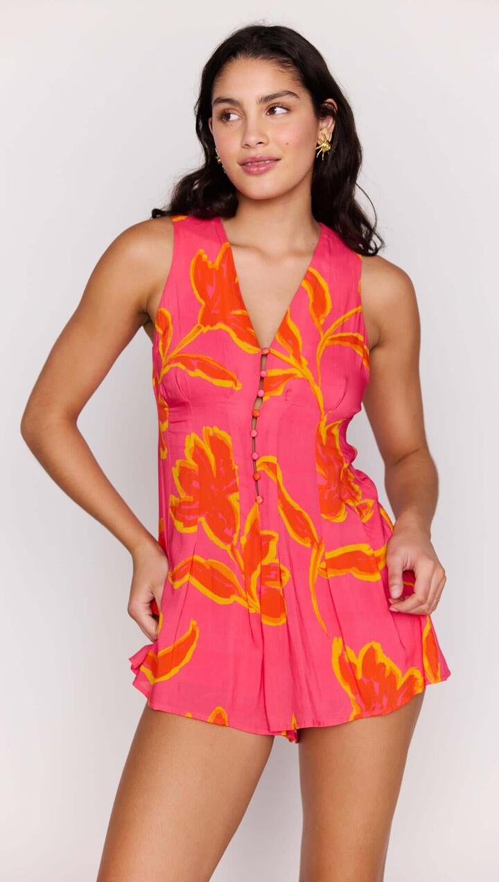 Image of Bodysuits. Product name - Pink Floral ECOVERO Sleeveless Playsuit in Pink Pop Floral colour by brand - MINKPINK