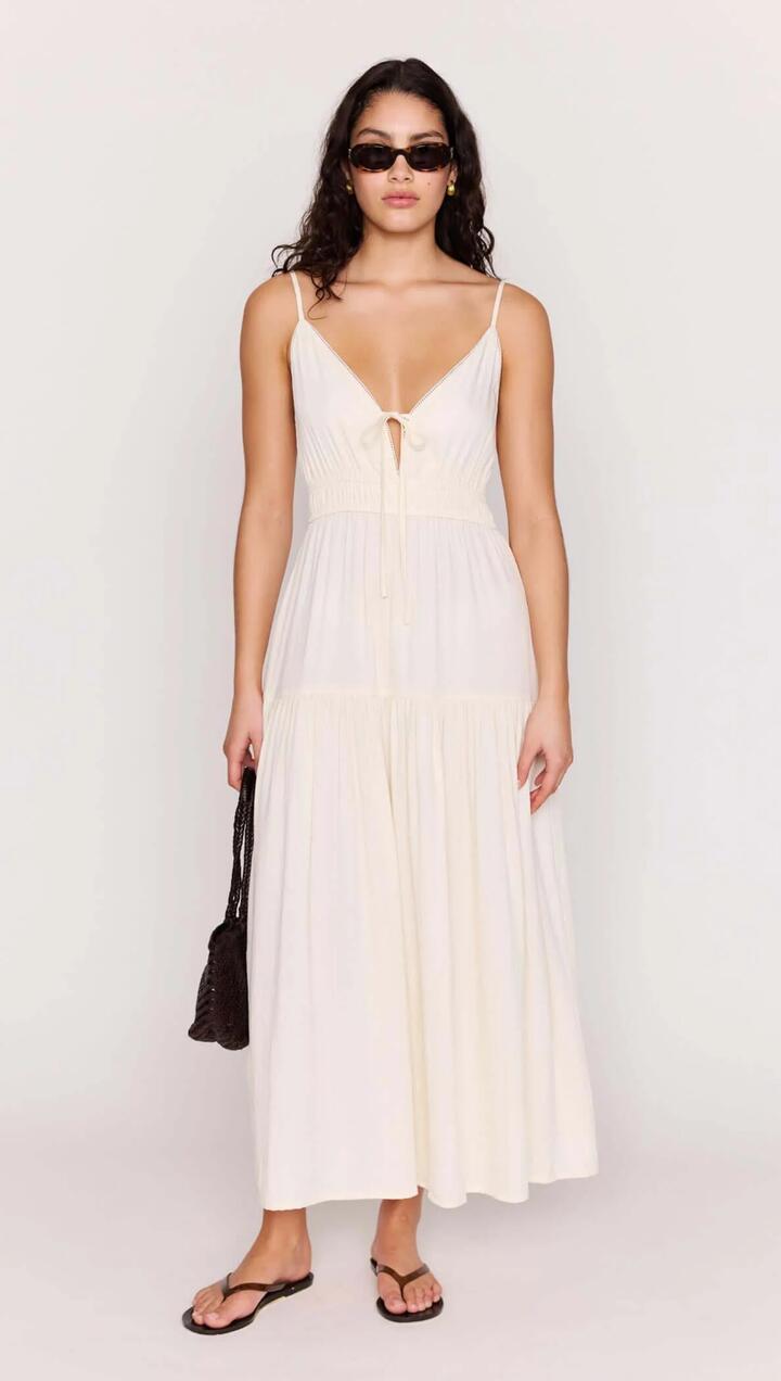 Image of Dresses. Product name - Cream Tie Front Tiered Maxi Dress in Cream colour by brand - MINKPINK