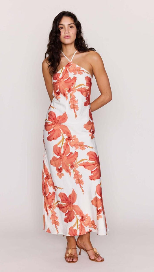 Image of Dresses. Product name - Peach Hibiscus Halter Midi Dress in Peach Floral colour by brand - MINKPINK