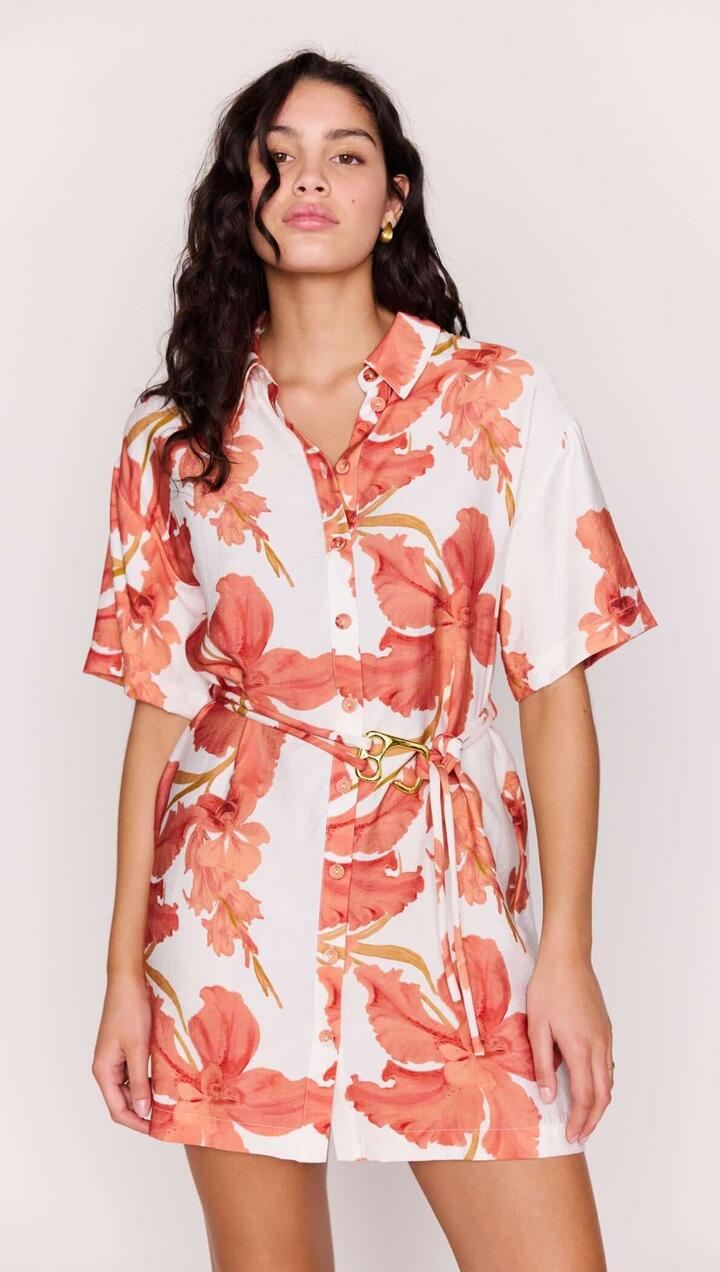 Image of Dresses. Product name - Peach Hibiscus Mini Shirt Dress in Peach Floral colour by brand - MINKPINK
