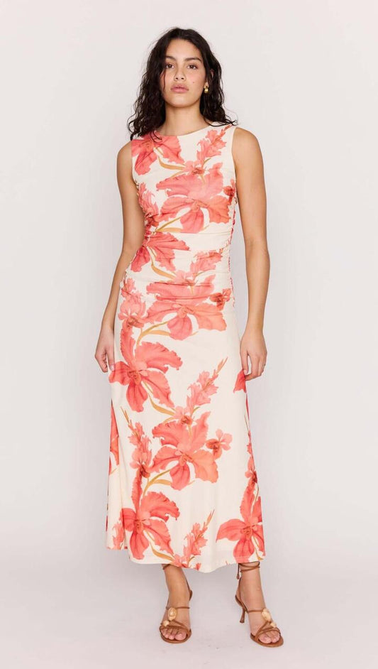 Image of Dresses. Product name - Peach Hibiscus Mesh Midi Dress in Peach Floral colour by brand - MINKPINK