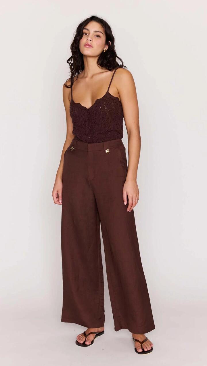 Image of a model wearing Pants. Product name - Chocolate Brown Linen Blend Wide-Leg Pants in Chocolate colour by brand - MINKPINK