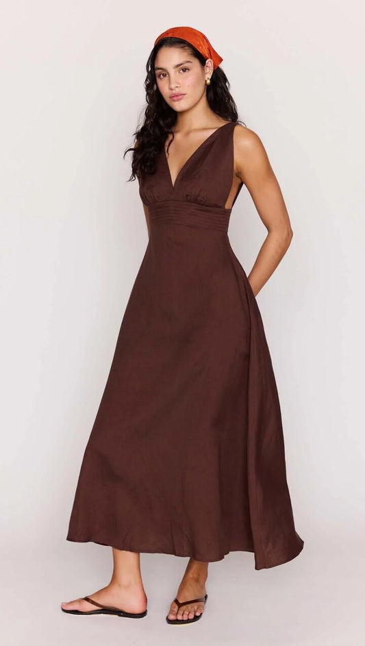 Image of Dresses. Product name - Chocolate Brown Linen Blend Maxi Dress in Chocolate colour by brand - MINKPINK