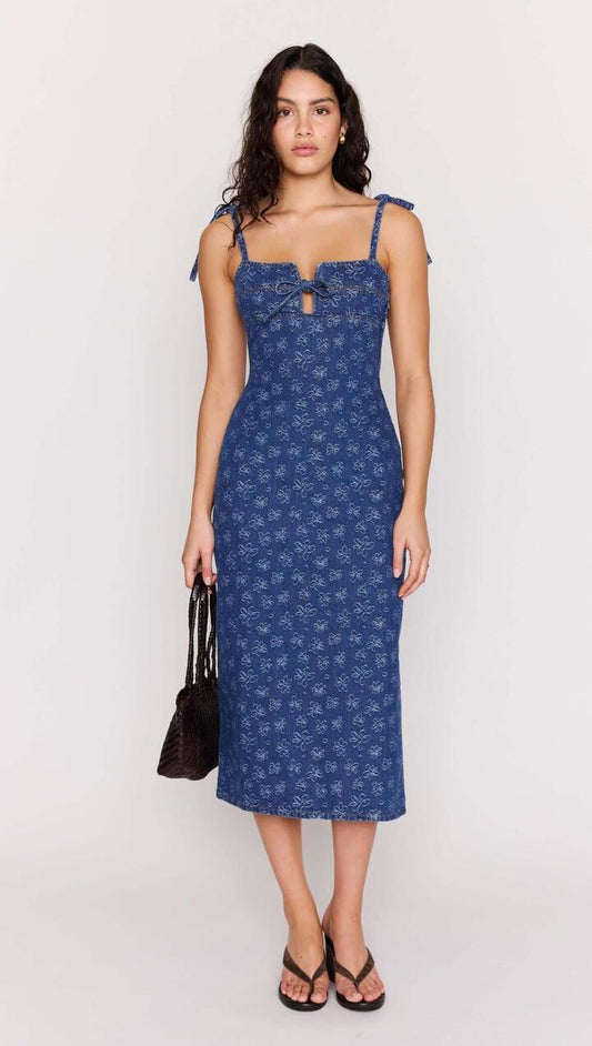 Image of Dresses. Product name - Floral Denim Stretch Midi Dress in Denim Blue colour by brand - MINKPINK
