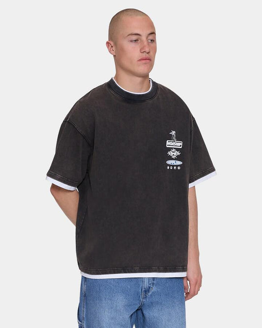 Image of T-Shirts. Productname: worship Mens Is This It Cropped Layer T-Shirt Washed Black - in Washed Black colour by brand - Worship