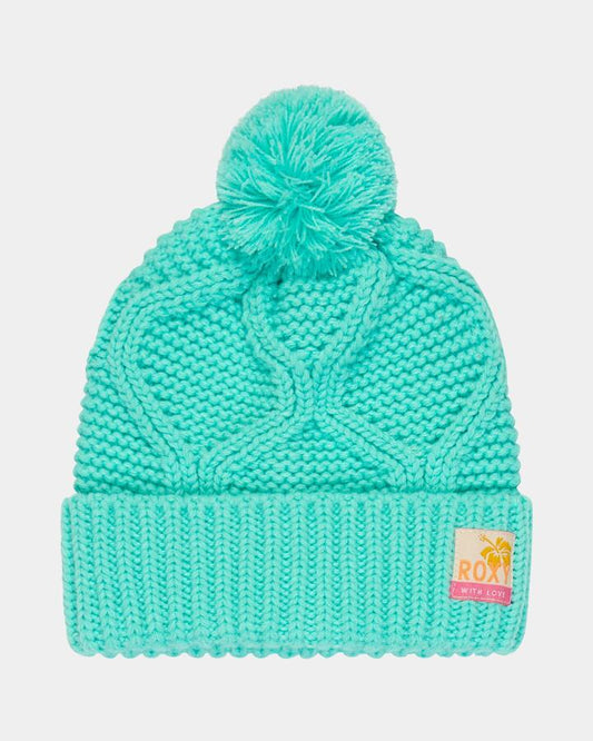 Image of Hats. Productname: roxy Girls 6-16 Pettite Hang Five Beanie Aqua Splash - in Aqua Splash colour by brand - Roxy