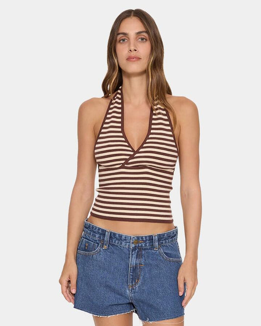 Image of a model wearing Tops. Productname: thrills Womens Dayna Knit Halter Tank Top Bitter Chocolate - in Bitter Chocolate colour by brand - Thrills