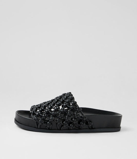 Image of Slippers. Productname: Carila Black Leather Slides in Black colour by brand - MOLLINI