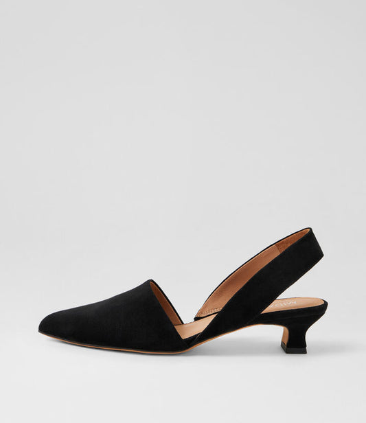Image of Heels. Product name - Jezel Black Suede Slingback Heels in Black colour by brand - MIDAS