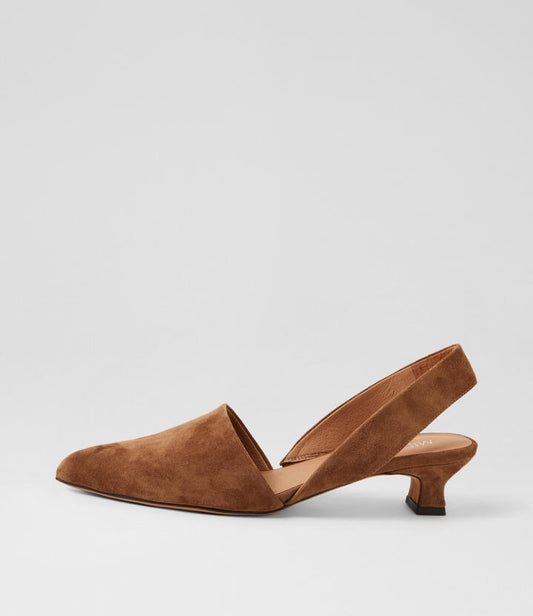 Image of Heels. Product name - Jezel Peanut Suede Slingback Heels in Peanut colour by brand - MIDAS