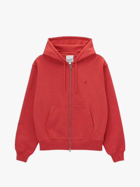 Image of a model wearing Outerwear. Productname: Gramicci One Point Zip Hooded Sweatshirt in Crimson Red colour by brand - Gramicci
