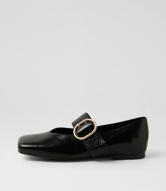 Image of Shoes. Productname: Apres Black Polish Leather Flat Shoes in Black Polish colour by brand - MIDAS